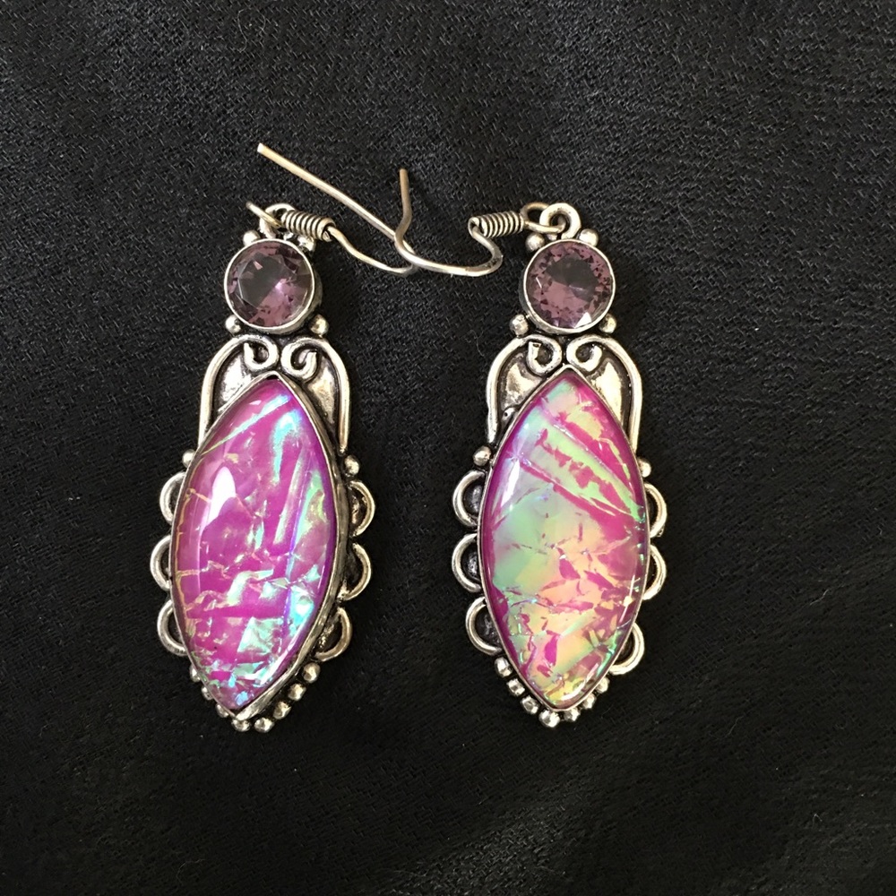 925 Silver Dichroic Glass & Amethyst earrings